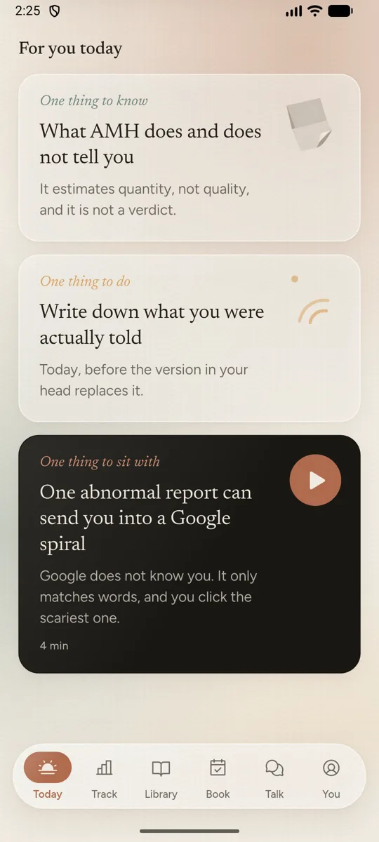 Astitva home screen: three cards for today, something to know, to do, and to sit with