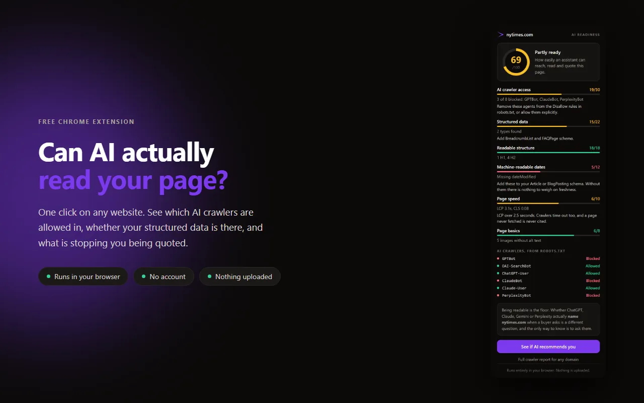 Store image: 'Can AI actually read your page?' with the score popup