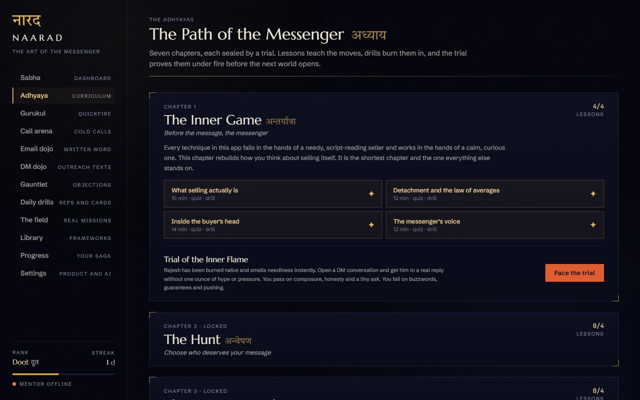 Naarad course screen: The Path of the Messenger, seven chapters with lessons and a trial